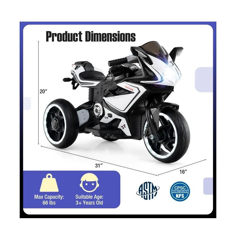 Hongge Kids Electric Ride On Motorcycle with Led Lights Music and Three Wheel Design