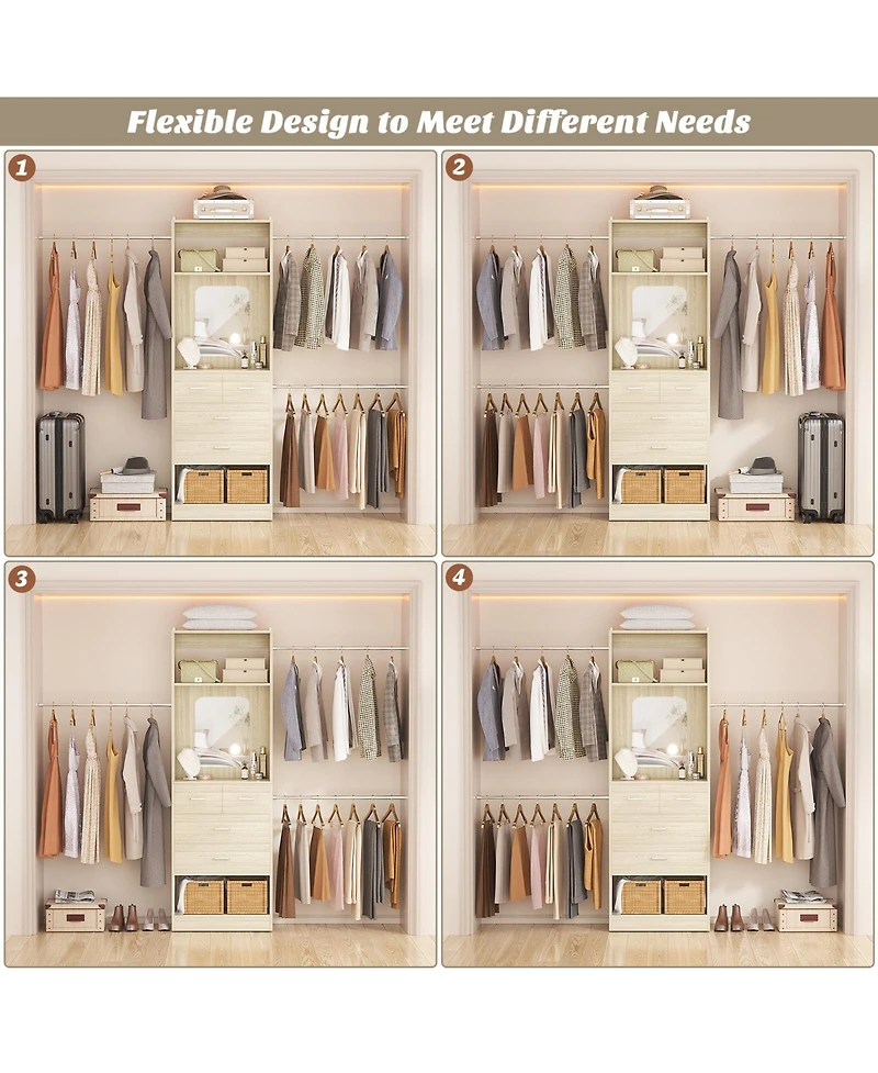 Aheaplus 48 - 96 Inch Wide Adjustable Closet Organizer with 4 Drawers, 3 Hanging Rods, and a Mirror, Freestanding