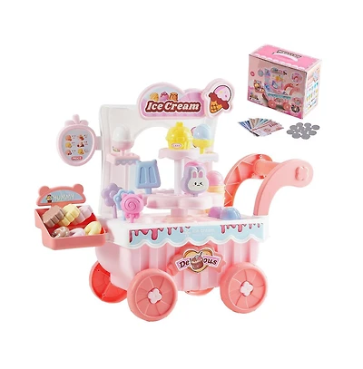 Slickblue Ice Cream Cart for Kids, 27 Pcs Accessories, Pretend Play Store with Storage Trolley with Pretend Money