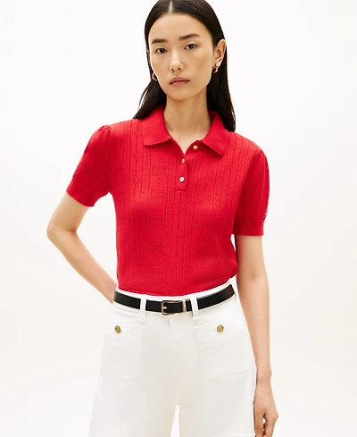 Tommy Hilfiger Women's Flag Pointelle Puff-Sleeve Polo Sweater