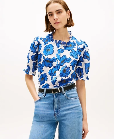 Tommy Hilfiger Women's Pin Tuck Cambric Short-Sleeve Blouse Top