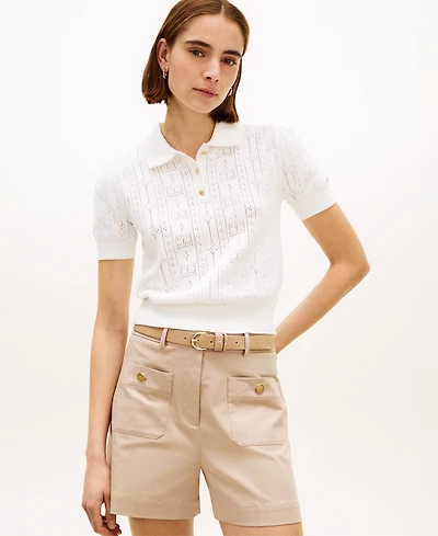 Tommy Hilfiger Women's Flag Pointelle Puff-Sleeve Polo Sweater
