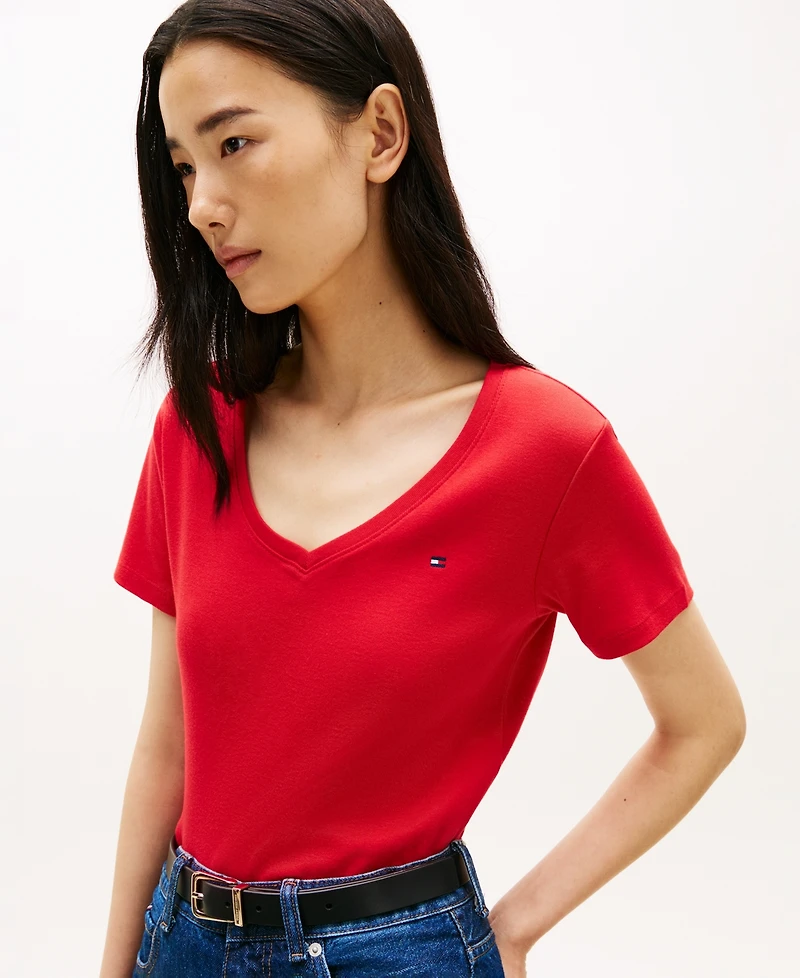 Tommy Hilfiger Women's Rib Slim V-Neck Short-Sleeve T-Shirt