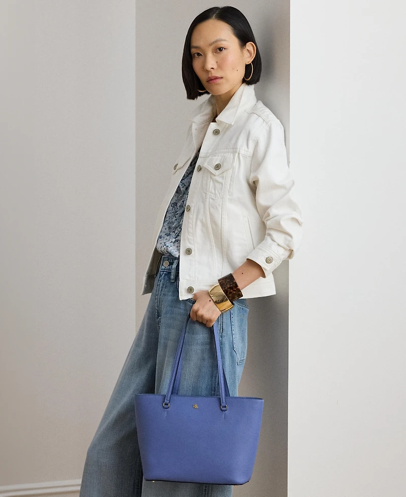 Lauren Ralph Crosshatch Leather Medium Karly Shopper Tote