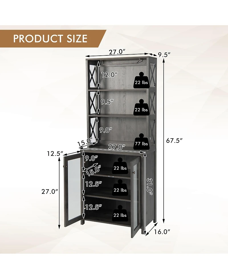 Costway Tall Freestanding Bar Cabinet Kitchen Buffet w/ Glass Holder & Adjustable Shelf