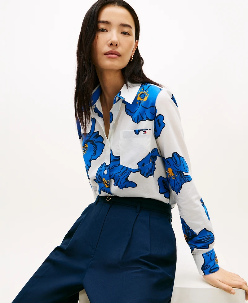 Tommy Hilfiger Women's Printed Button-Front Roll-Tab Shirt