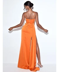 Miss Circle Women's Elayna Orange Strappy Satin Corset High Slit Gown