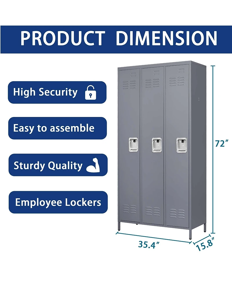 Boyel Living 3 Door 72"H Metal Lockers With Lock for Employees, Storage Locker Cabinet for Home Gym Office School Garage, Gray