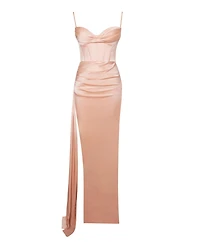 Miss Circle Women's Elayna Blush Strappy Satin Corset High Slit Gown
