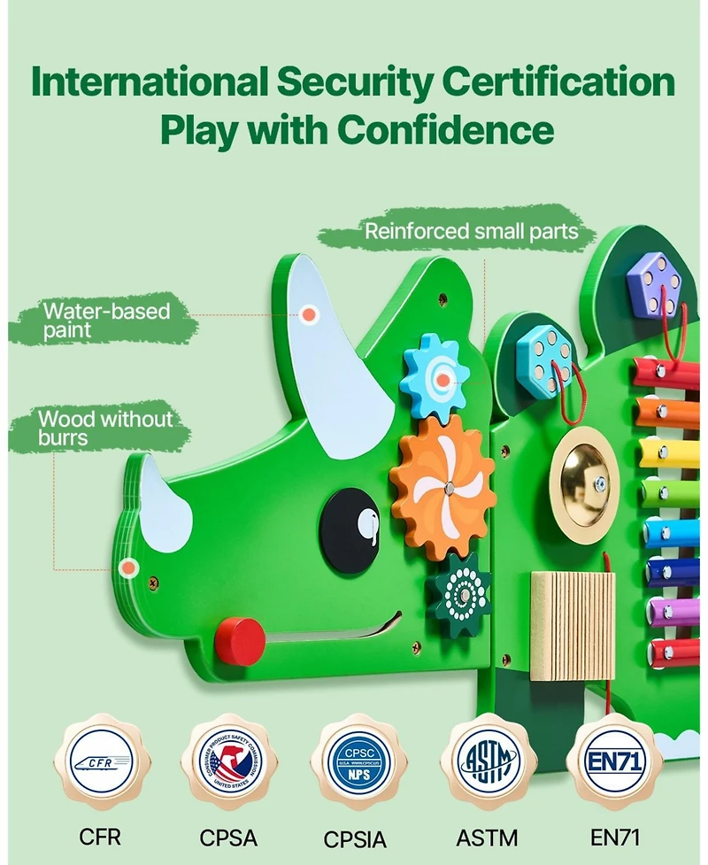 Mecale Dinosaur Activity Wall Busy Board, Montessori Sensory Wall Panel with 11 Activities for Kids Ages 3–12