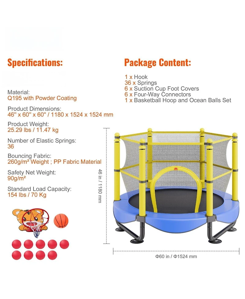Mecale Kids Trampoline, 5 ft (60"), Indoor/Outdoor w/ Enclosure Net, Basketball Hoop & Balls, Ages 3
