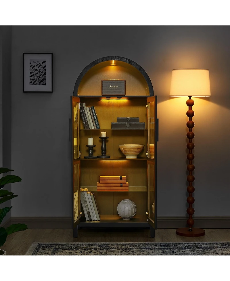Boyel Living High Arched Storage Cabinet with Adjustable Glass Partitions and Led Lamp for Multi-Functional Use Kitchens, rooms