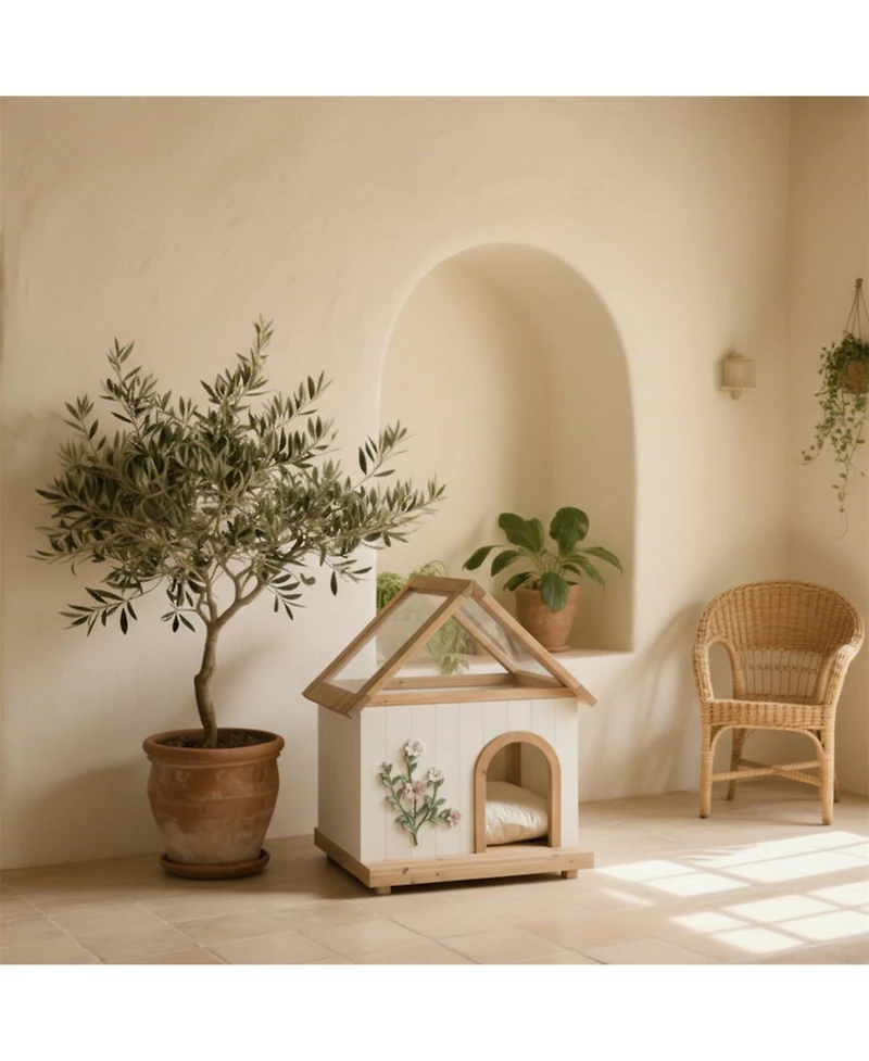 Aostirmotor Cat House with Floral Carving for Cats & Small Dogs in Natural