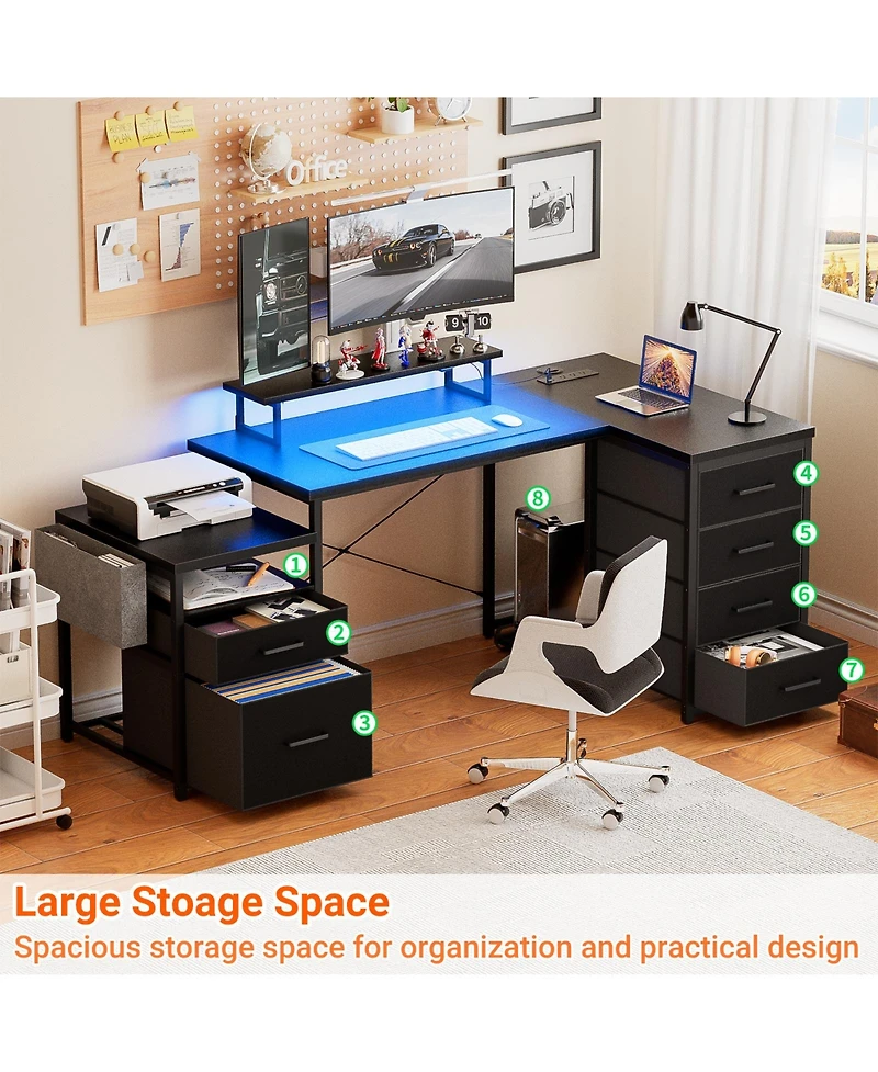Aheaplus Reversible L Shaped Desk with 6 Drawers, 70.8'' Large Computer Outlets, Monitor Stand & Cpu