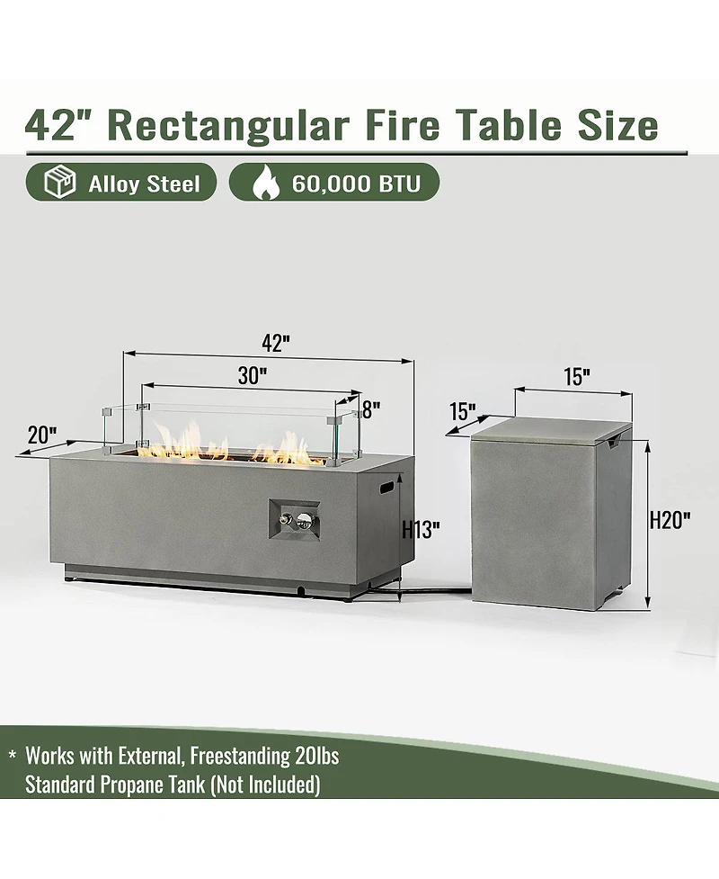 Boyel Living Gray Steel Propane Fire Pit Table with Glass Wind Guard, 42" Outdoor Patio, 50,000 Btu