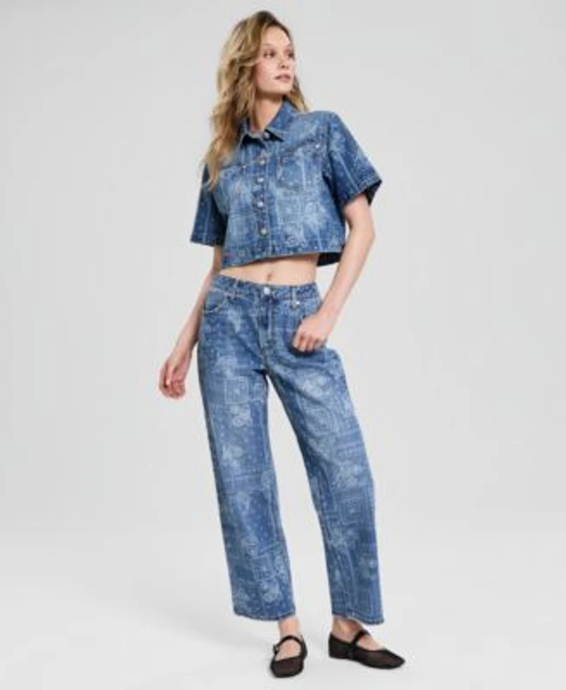 Now This Womens Bandana Cropped Denim Shirt High Rise Bandana Print Jeans Macys Exclusive
