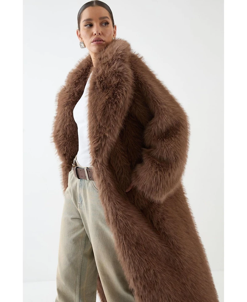 MissPap Women's Long Faux Fur Wide Collar Coat