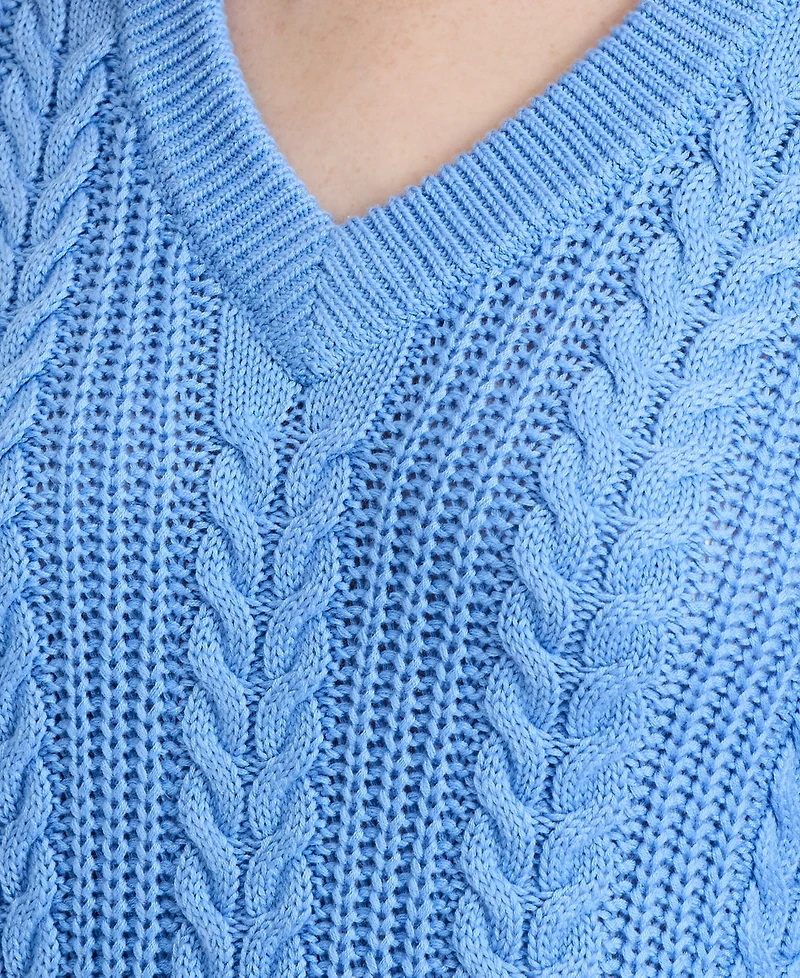 French Connection Women's Ryland Blue Cable Knit V-Neck Sweater