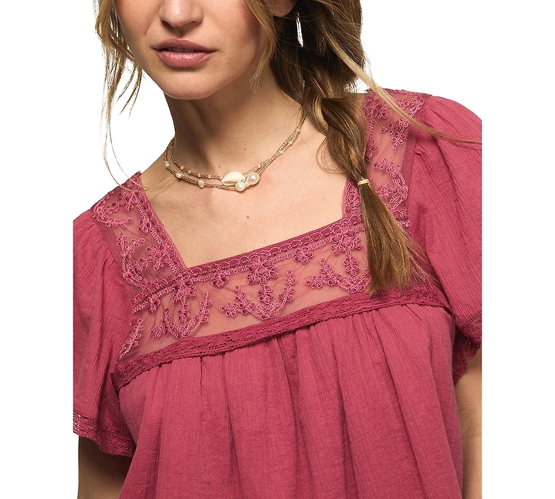 Lucky Brand Women's Mesh Lace Square Neck Top
