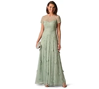 Adrianna Papell Women's Crewneck Beaded 3D Petal Ball Gown