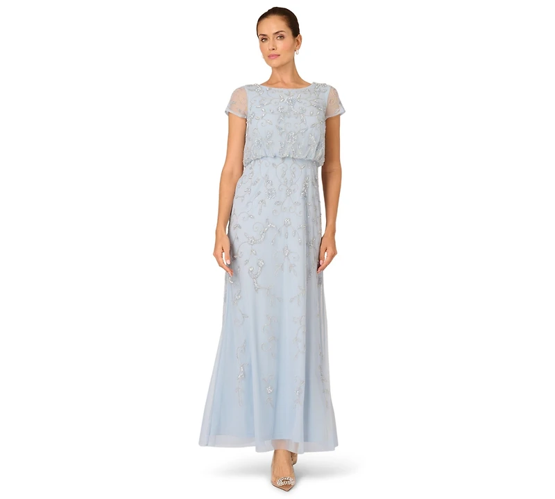 Adrianna Papell Petite Boat-Neck Short-Sleeve Beaded Blouson Gown