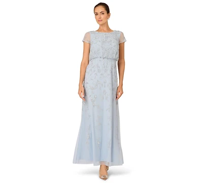 Adrianna Papell Petite Boat-Neck Short-Sleeve Beaded Blouson Gown