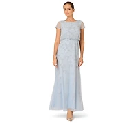 Adrianna Papell Petite Boat-Neck Short-Sleeve Beaded Blouson Gown