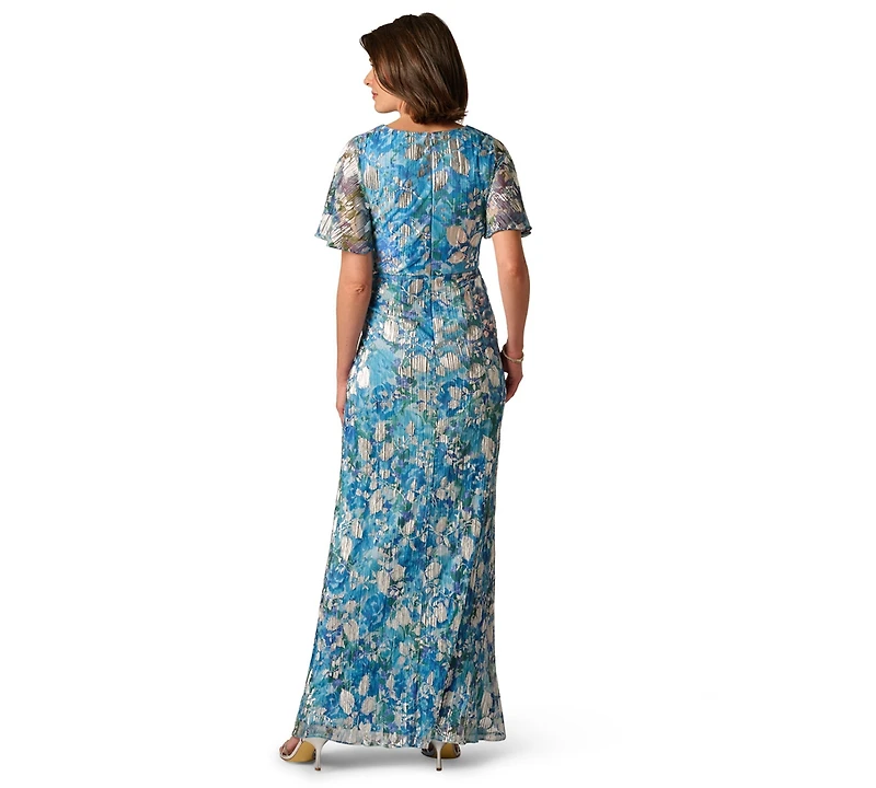 Adrianna Papell Women's V-Neck Foil Crinkle Ball Gown