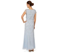 Adrianna Papell Petite Boat-Neck Short-Sleeve Beaded Blouson Gown