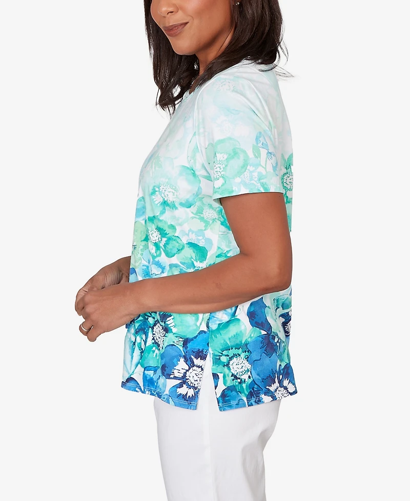 Alfred Dunner Petite Floral Ombre Embellished Neck Top