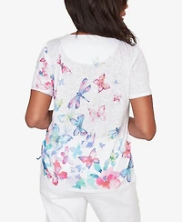 Alfred Dunner Petite Butterfly Beaded Side Tie Ruched Top