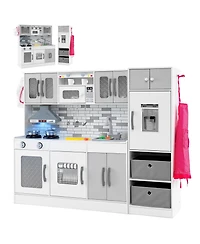 Hongge 2 Piece Wooden Kids Play Kitchen Set with Refrigerator Sink Stove and Realistic Lights and Sounds