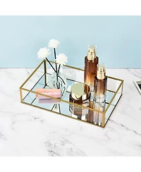 Lauraella 2PC Set, Handcrafted Glass Tray, Decorative Storage Tray for Makeup, Jewelry, Desk, or Bathroom, Clear with Gold