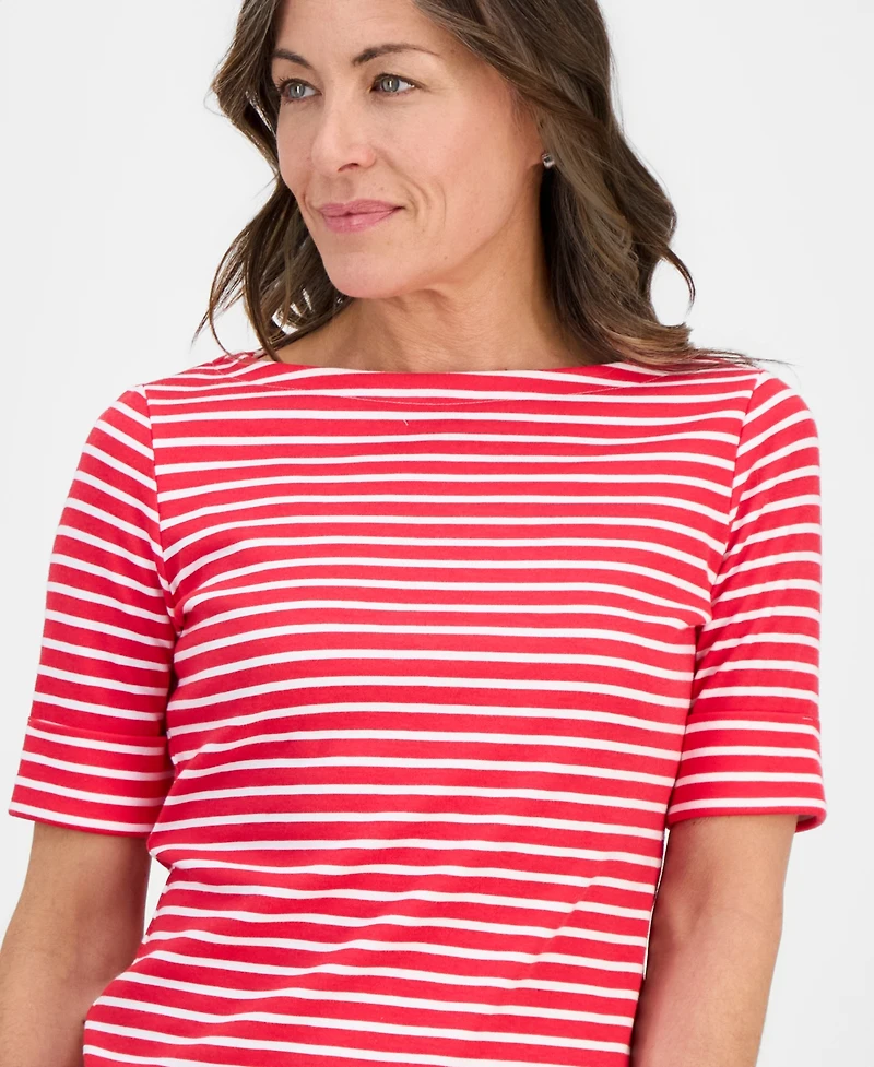 Style & Co Petite Striped Boat-Neck Elbow-Sleeve Top, Macy's Exclusive