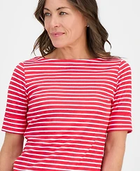 Style & Co Petite Striped Boat-Neck Elbow-Sleeve Top, Macy's Exclusive
