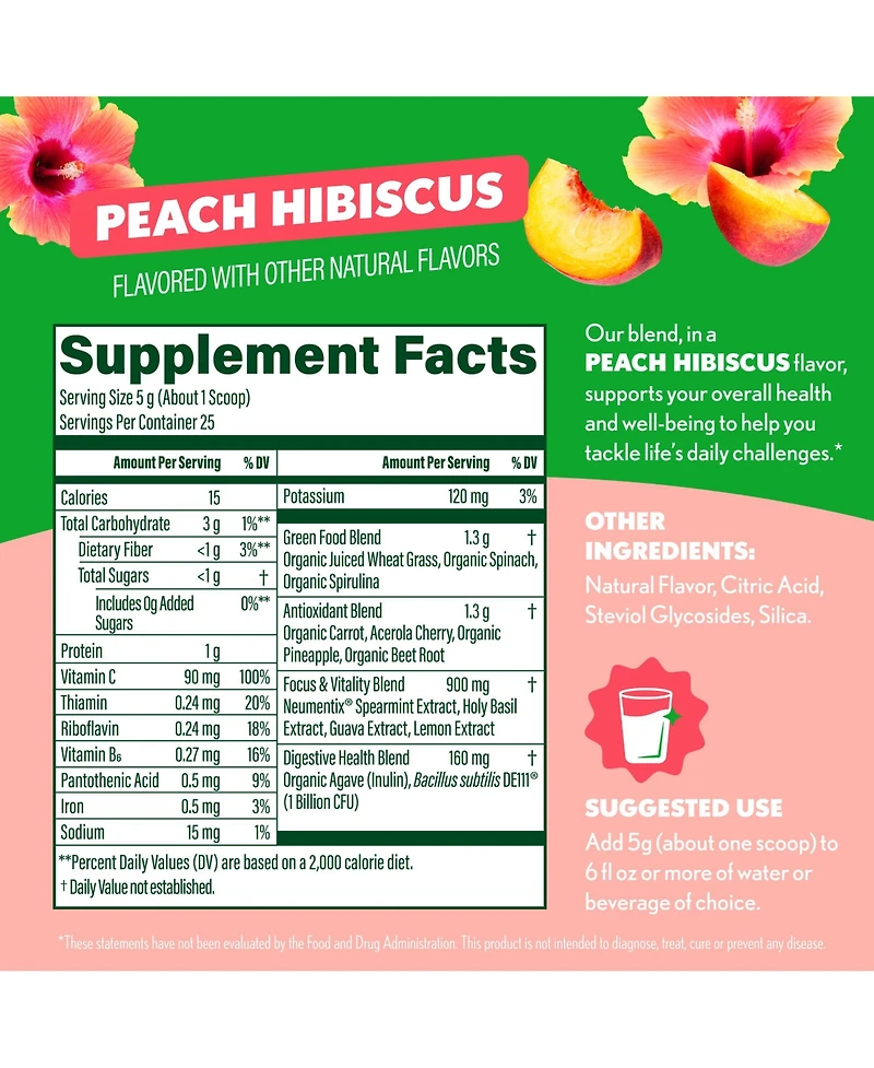 Amazing Grass Sweet Greens Superfood Powder, Peach Hibiscus, 25 Servings