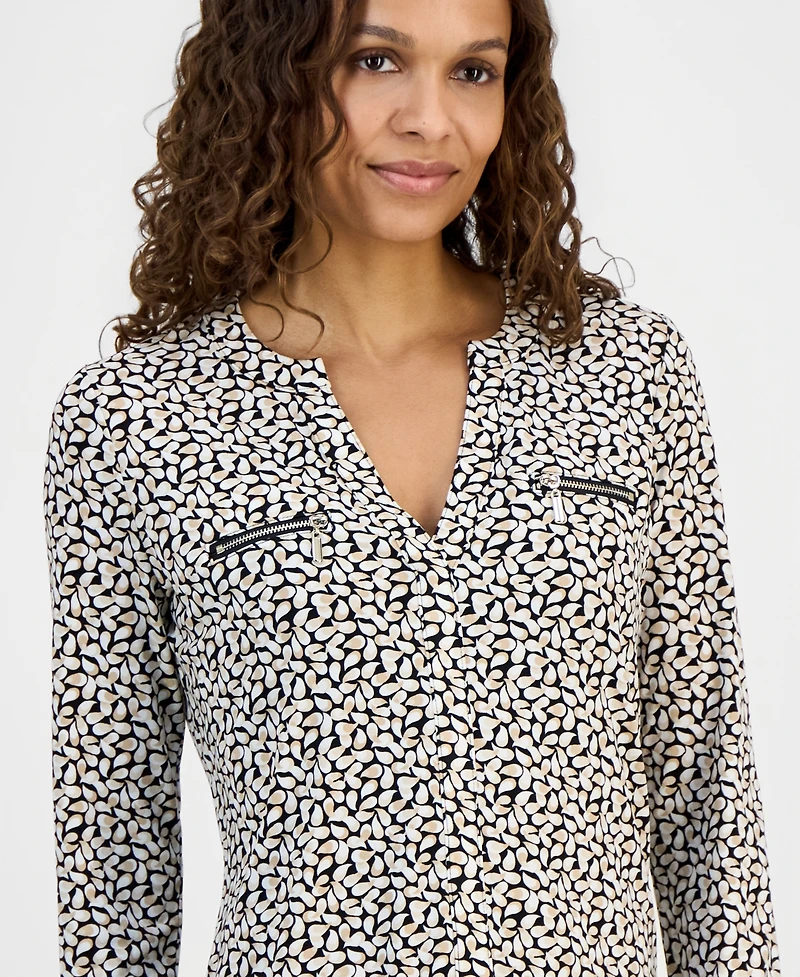 Jm Collection Petite Delicate Paisley Split-Neck Zip-Pocket Top, Macy's Exclusive