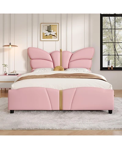 Streamdale Furniture Queen Upholstered Bed Frame, Butterfly Headboard, Gold Accents