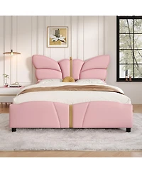 Streamdale Furniture Queen Upholstered Bed Frame, Butterfly Headboard, Gold Accents