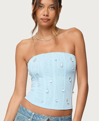 Edikted Women's Lexah Faux Crystal Strapless Mesh Corset