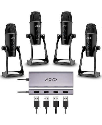 Movo Usb Podcast Equipment Bundle for 4 with Usb Interface with 4 Condenser Microphones