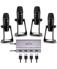 Movo Usb Podcast Equipment Bundle for 4 with Usb Interface with 4 Condenser Microphones