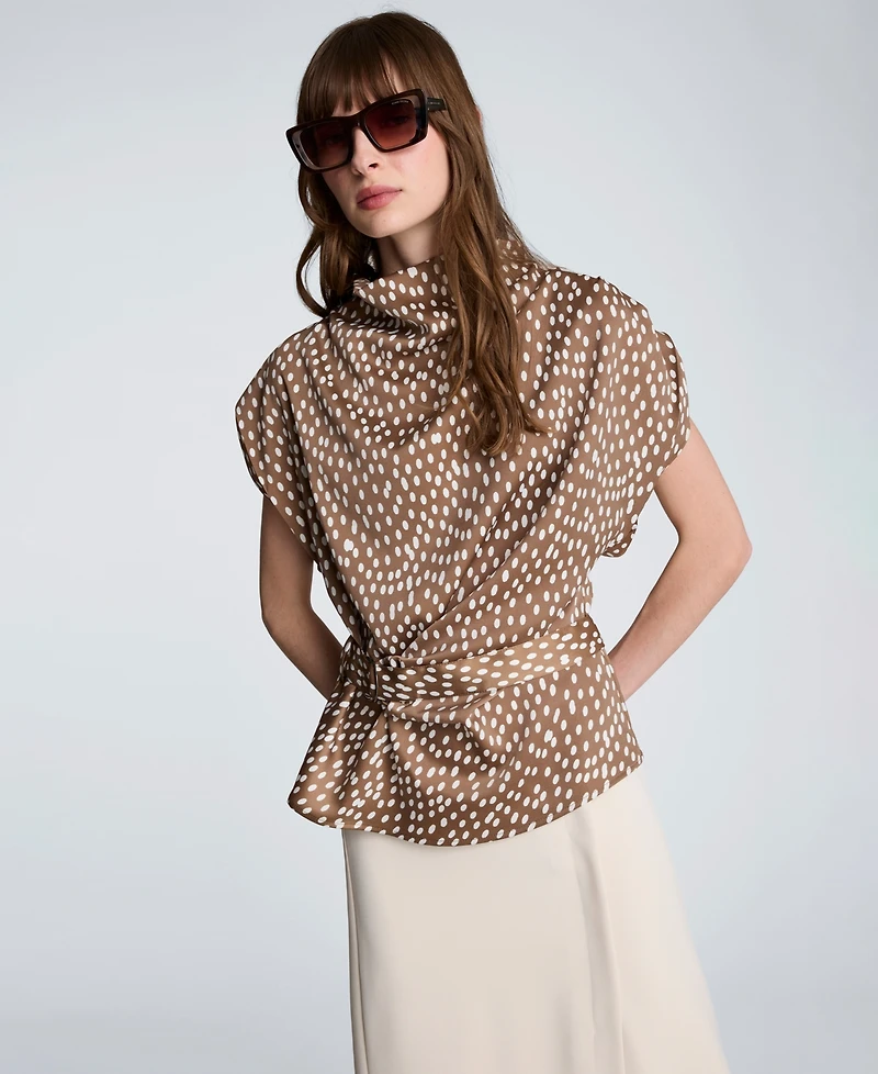 Kenneth Cole Women's Satin Dot Belted Drape Cowl Neck Top