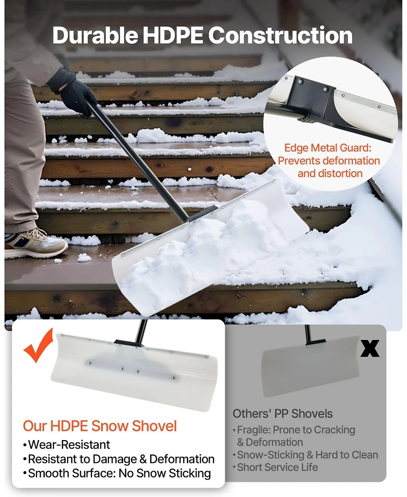 Mecale Snow Pusher Shovel, 30", Hdpe Blade w/ Metal Edge, Segmented Handle, Ergonomic Grip, Driveway/Garden