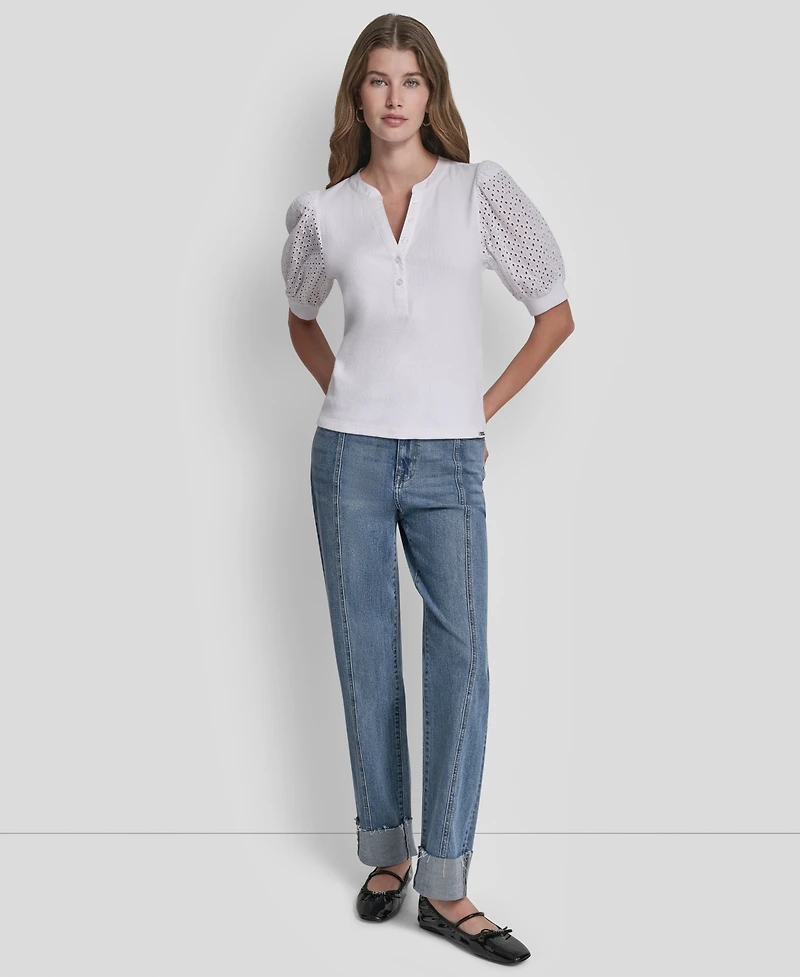 Dkny Jeans Petite Rib Body Eyelet V-Neck Top