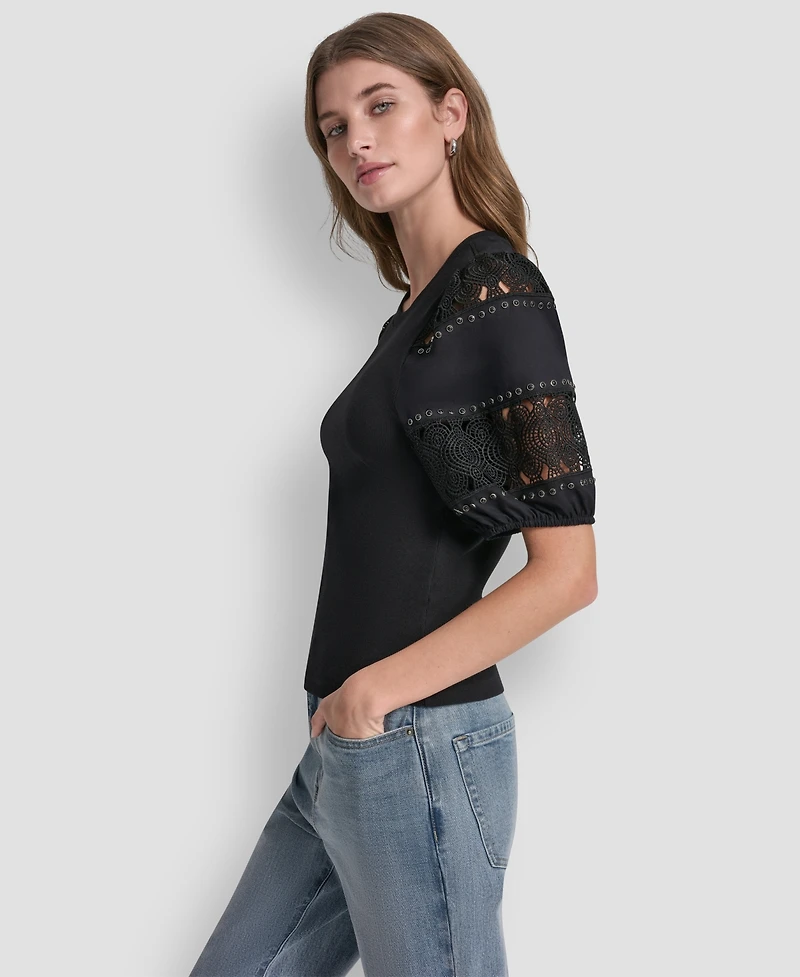 Dkny Jeans Petite Crewneck Lace Eyelet Top