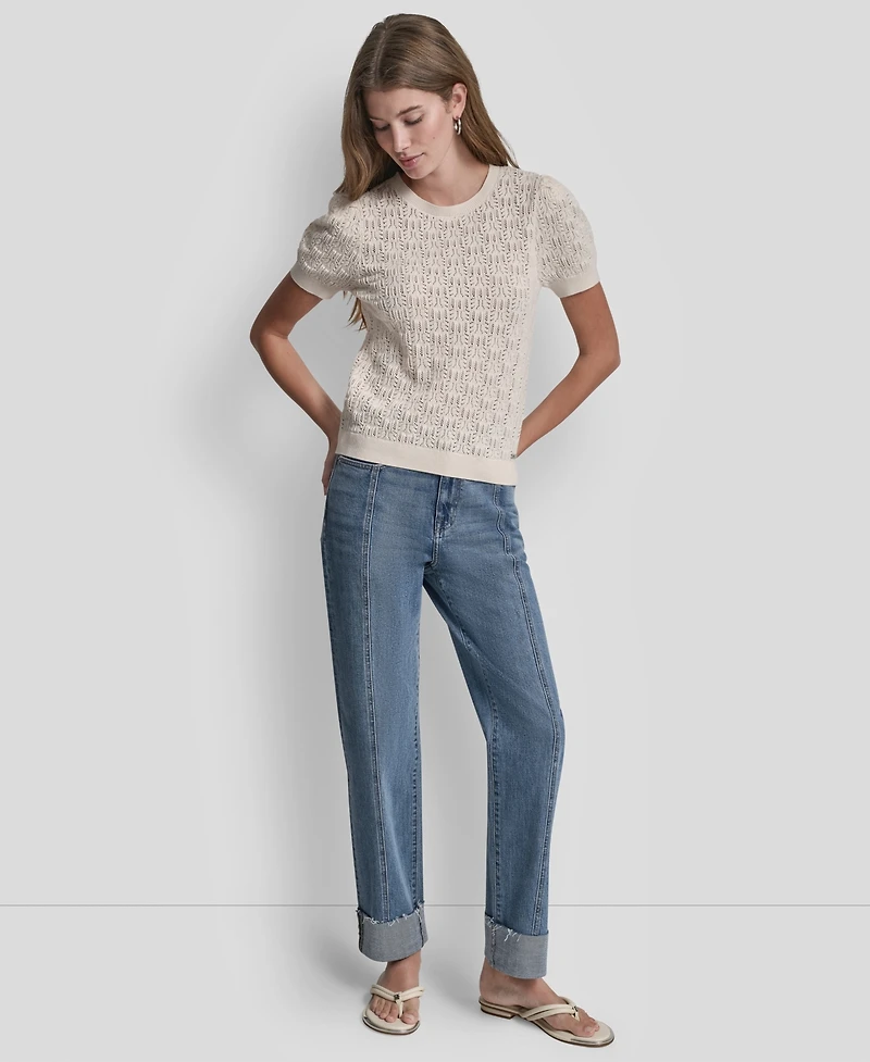 Dkny Jeans Petite Short-Sleeve Lace Pointelle Stitch Sweater