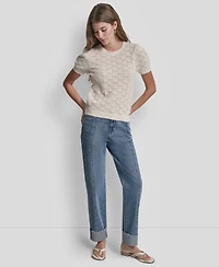 Dkny Jeans Petite Short-Sleeve Lace Pointelle Stitch Sweater