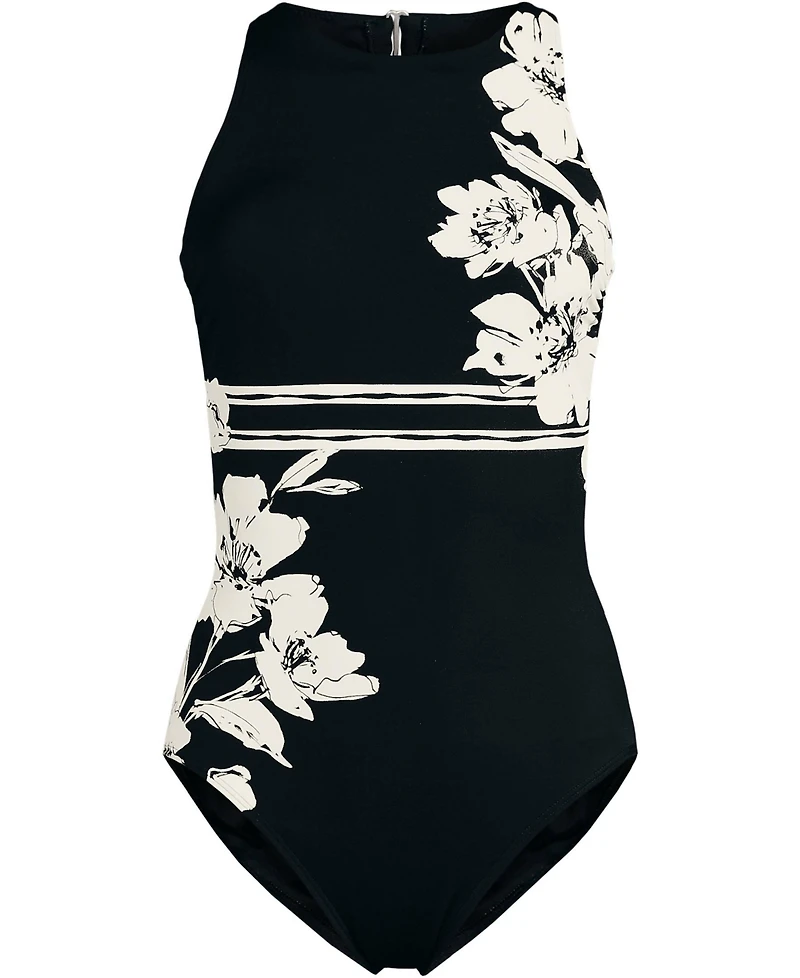 Lands' End Women's Long Tugless High Neck Portrait Back One Piece Swimsuit