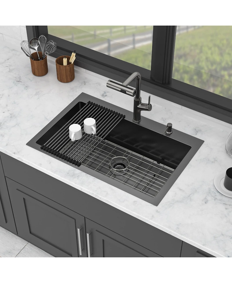 flynama huluwat 30x22x10inch Gunmetal Black Kitchen Sink with Pull Out Faucet Soap Dispenser Stainless Steel